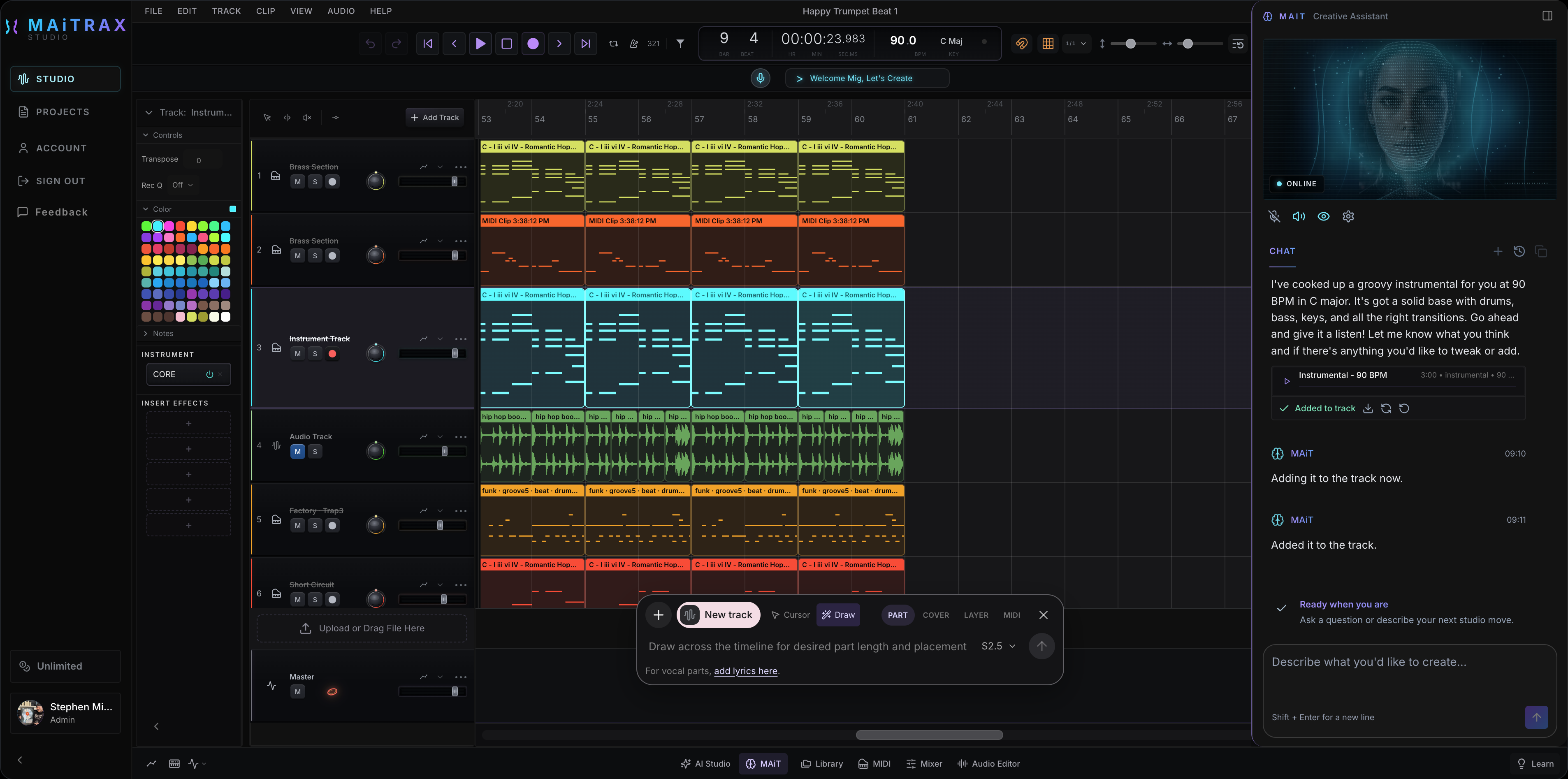 MAiTRAX browser music production studio with audio and MIDI tracks and the MAiT co-producer